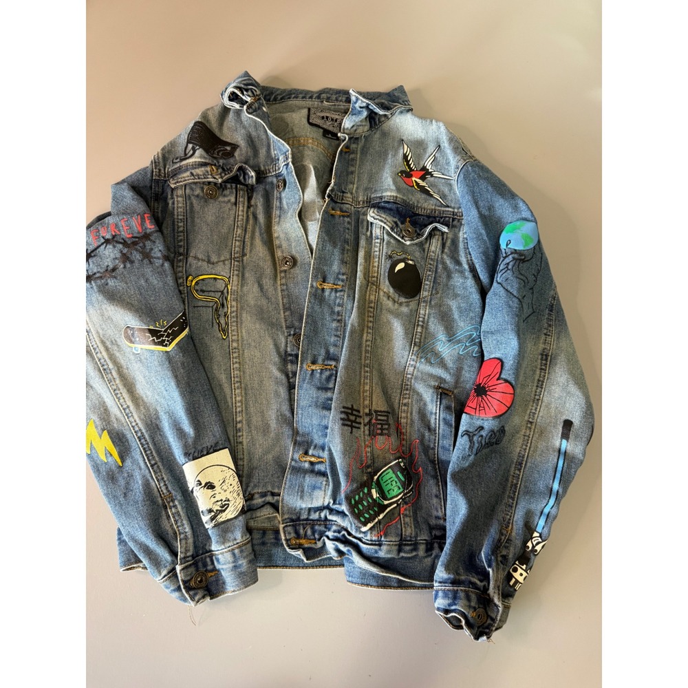 Brooklyn Cloth Mens Denim Jacket Graphic Print No Cap Blue Trucker Large